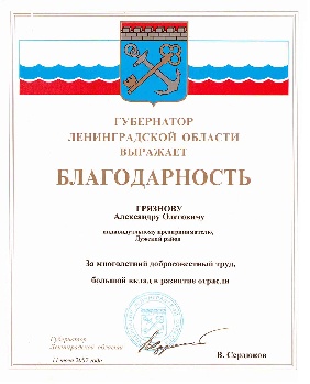 Благодарность губернатора Ленинградской области за многолетний добросовестный труд, большой вклад в развитие отрасли